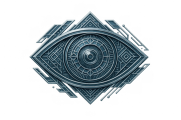 All-seeing eye symbol: mystical metallic emblem with intricate geometric patterns, spirituality and futuristic design on transparent background