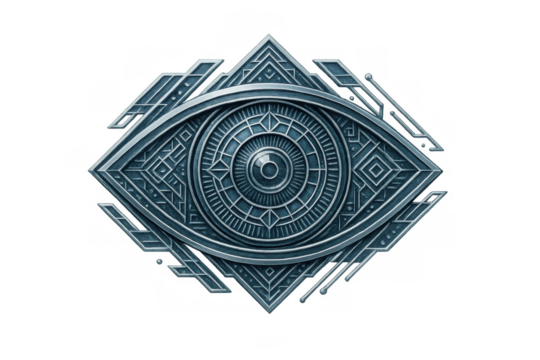 All-seeing eye symbol: mystical metallic emblem with intricate geometric patterns, spirituality and futuristic design on transparent background