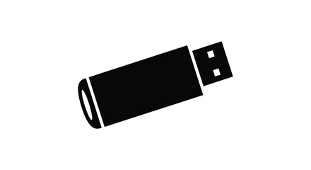 A simple black silhouette of a usb flash drive on a white background representing data storage and technology