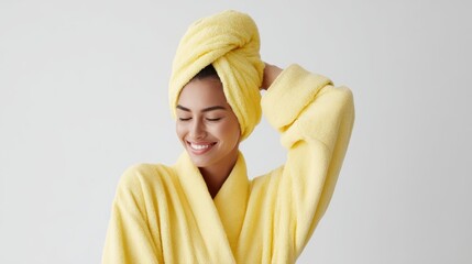 Pleased woman in yellow bathrobe, drying her hair after bath, cheerful expression, studio shot on white backdrop