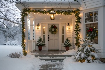 Fototapeta premium Snowy Entrance Porch Christmas Garlands