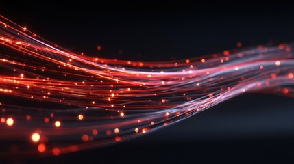 Dynamic 3D rendering of moving red light streaks with glowing flares and soft reflections, creating a futuristic energy wave effect on dark background