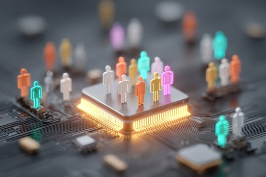 Cybernetic brilliance: the fusion of ai and digital circuit boards. Internet connection illustration. Subtle neural dance: ai component among resplendently glowing circuits. - Powered by Adobe