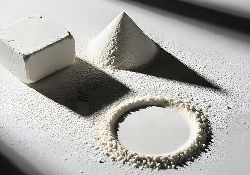 Geometric arrangement of white powdered substance in block, conical mound, and circular shapes, emphasizing texture and shadow on a pristine surface