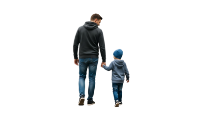Father and son walking hand in hand wearing casual clothing child, isolated on a white or transparent background, cutout, PNG