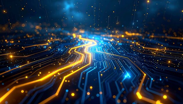 An abstract close-up depicting a complex circuit board with glowing orange and blue lines. Tiny, illuminated points scatter across the surface
