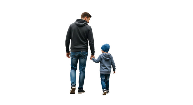 Father and son walking hand in hand wearing casual clothing child, isolated on a white or transparent background, cutout, PNG