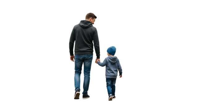 Father and son walking hand in hand wearing casual clothing child, isolated on a white or transparent background, cutout, PNG