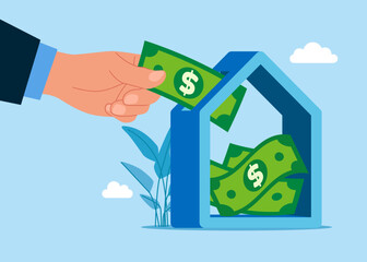 Worker investing dollar paper bills in property. Home with dollar money. Mortgage loan. Savings money of paper bills to buy a home, transaction security. Vector flat illustration. 