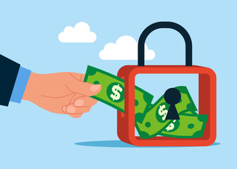 Hand putting dollar money a lock. Locked with padlock inside dollar paper bills. Payment protection. Secure payment. Vector flat illustration