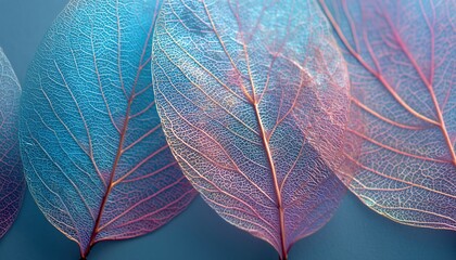 Expressive Skeleton Leaves In Vibrant Blue, Turquoise, And Pink. Stunning And Artistic Macro Image Of Nature'S Beauty.