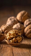 Obraz premium Close-up of walnuts, one cracked open, on rustic wooden surface