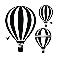 Obraz premium Black and white hot air balloon vector illustration with flying birds