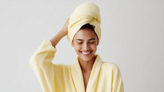 Cheerful woman with wet hair wrapping towel around her head, wearing yellow bathrobe, standing against white background, feeling refreshed after shower