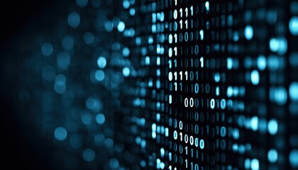 Abstract Information Technology: Close-Up Of Blue Digital Binary Data On Computer Screen With Bokeh And Small Depth. Digital Binary Code Matrix Displayed.