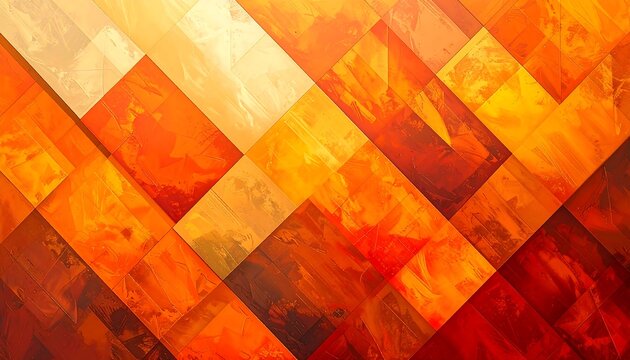 Abstract geometric design with a repeating pattern of warm colors and textures. Squares and rectangles form an angled mosaic effect