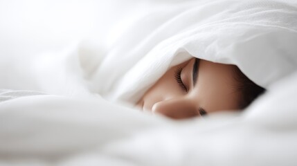 Young woman napping under white covers, tranquil expression, enjoying quiet and restful home environment