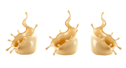 Three beige liquid splashes frozen in motion with dynamic fluid shapes, isolated on a white or transparent background, cutout, PNG