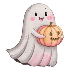Cute watercolor ghost holding pumpkin illustration