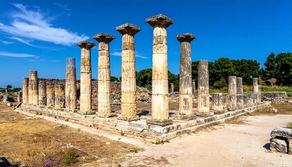 An ancient, crumbling temple in the sun, featuring tall columns with decorative capitals under a bright blue sky