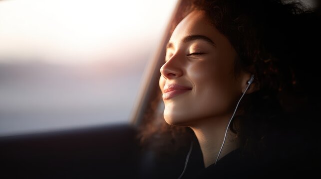 Young female driver with cheerful expression, listening to music in car, feeling joyful and content during travel