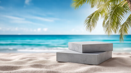 Exotic backdrop featuring a stone podium against a backdrop of a beach, sea, and palm trees. Space for text.