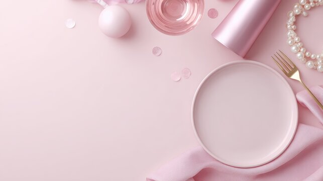 Mockup of birthday and bachelorette party items for girls, arranged on pink background with playful details.