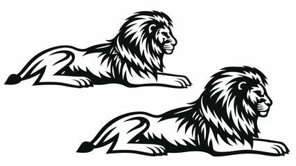 Obraz premium Two lions lying down in a black and white vector illustration with detailed manes and regal postures | editable eps vectors silhouette