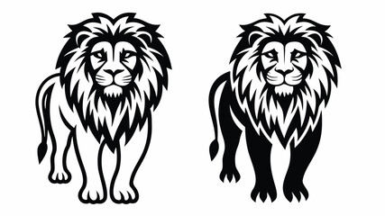 Fototapeta premium Two stylized lions standing side by side one in outline and the other filled in black on a white background | editable eps vectors silhouette