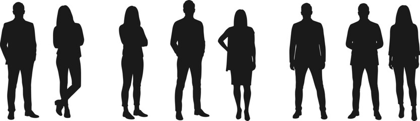 Silhouette people group diversity concept, standing crowd illustration, anonymous human figures, business teamwork unity, casual fashion style, community workforce,