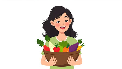 Illustration of a woman holding a basket of fresh fruits and vegetables . World Vegetarian Day