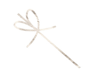 Christmas silver bow with ribbon knot and curved metallic cord, shiny chrome element with glossy