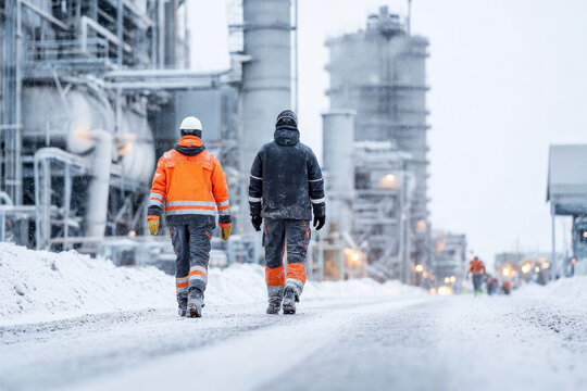 Two construction workers, one in bright orange safety gear and the other in black, walking through snowy industrial site, showcasing teamwork in harsh weather conditions