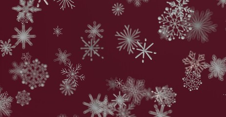 Illustration of detailed snowflakes on a burgundy background perfect for winter holiday greeting cards, Christmas backgrounds and festive celebr