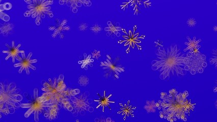 Abstract pattern of snowflakes in yellow and pink on a blue backdrop. Perfect for holiday design, winter, Christmas decorations, and artistic ba