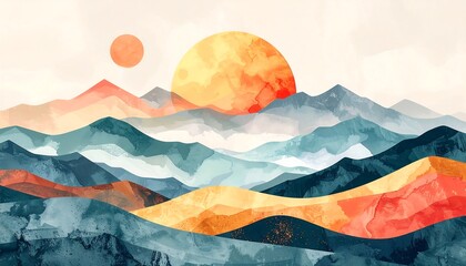 Abstract geometric mountain landscape with two suns, watercolor style, in muted teal, orange, and red hues