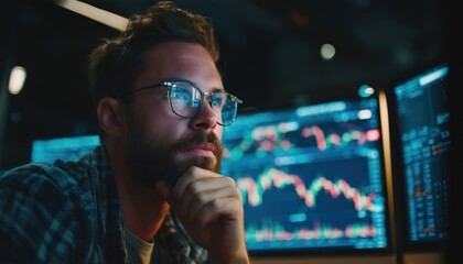 Bearded Man Trader With Eyeglasses Analyzing Candle Bar Price Flow In Office, Touching Chin Concerned Trading, Close-Up Monitoring Stock Market.