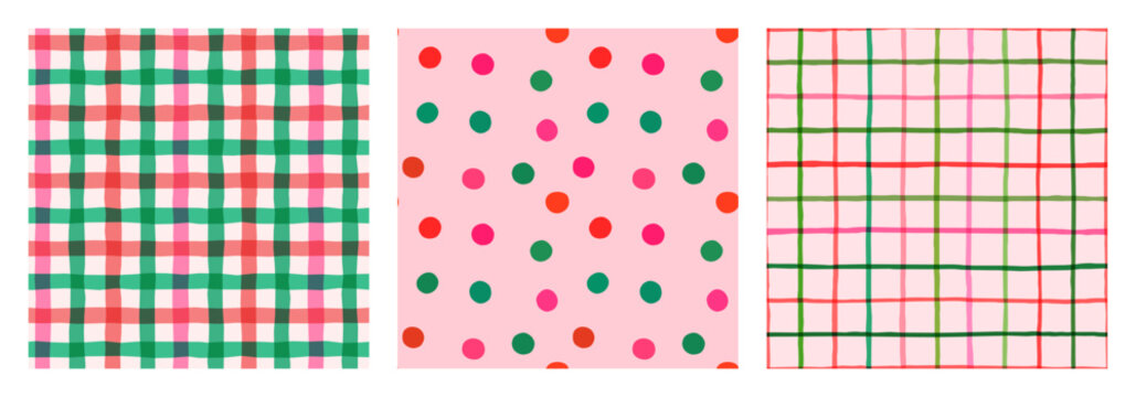 Cute seamless vector pattern polka dots and plaid set, Pink, red and green geometric backgrounds for Christmas