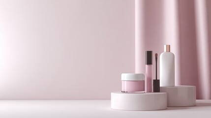 Skincare and makeup items on simple white podiums, pink pastel scene, stylish presentation.