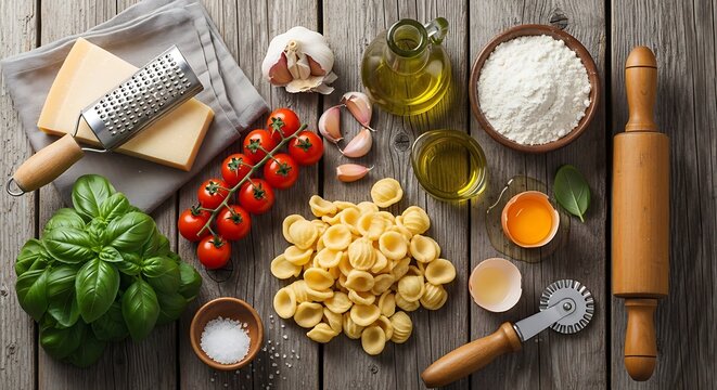 Ingredients for pasta making on a rustic wooden surface - Powered by Adobe
