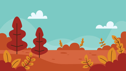 Flat illustration of an autumn landscape in warm seasonal tones and minimal design perfect for seasonal promotions and background.