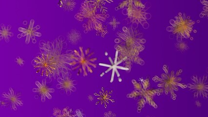 Abstract design of snowflakes against a vibrant purple backdrop, perfect for winter and holiday themes. Use for greeting cards and more.