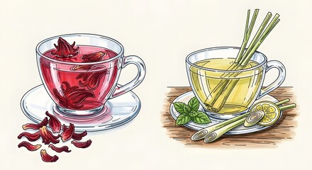 Two Cups of Herbal Tea - Hibiscus and Lemongrass with Lime.