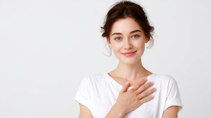 Pleasant young female in t-shirt, posing with hands over heart, conveying appreciation and gratitude, against plain white background