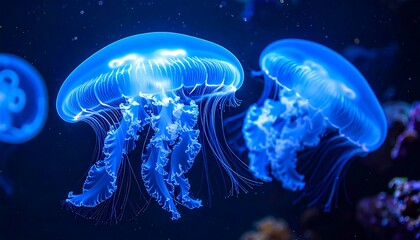 Two glowing jellyfish swim in the deep blue ocean, highlighted