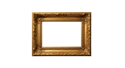 Ornate antique gold picture frame with decorative carvings and a black void, isolated on a white or transparent background, cutout, PNG