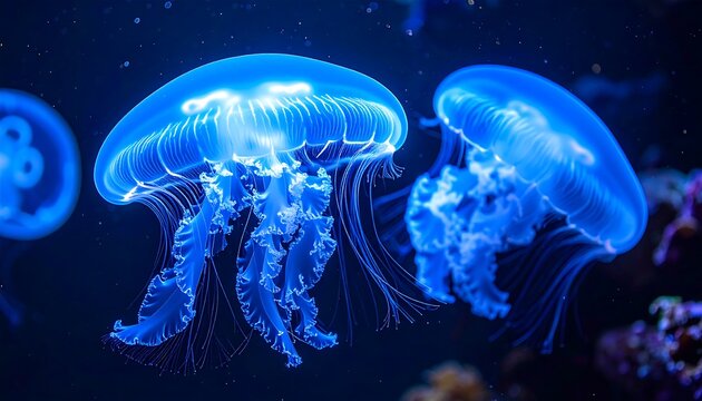 Two glowing jellyfish swim in the deep blue ocean, highlighted