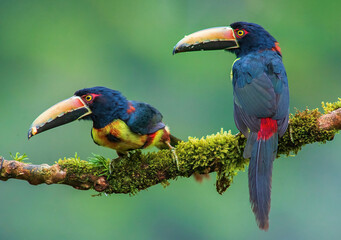  collared aracari or collared araçari (Pteroglossus torquatus) in the colombian forest