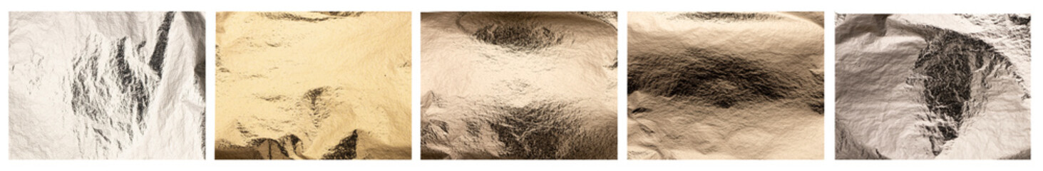 Foil texture collection, shiny metallic surface with platinum, brass and silver tones. Glamorous
