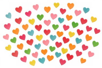 Multicolored sweets in heart shapes, symbolizing love and joy, scattering brightly on a clear backdrop